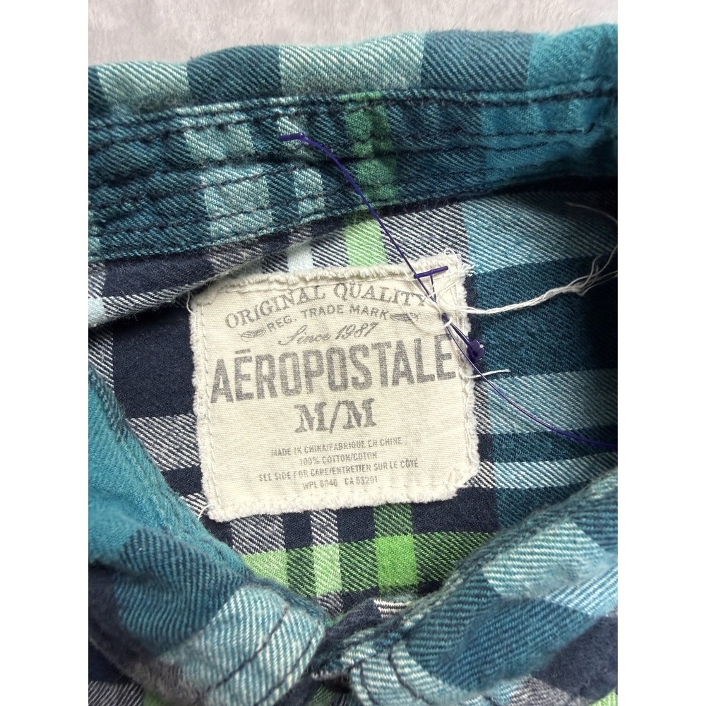 Aéropostale Men's M Regular Blue/Green/White Plaid Flannel Button-Up Pockets - Picture 2 of 6